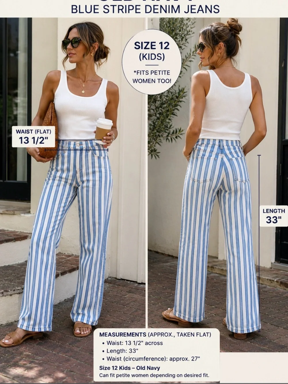 Old Navy Blue & White Striped Wide-Leg Jeans (Kids) 100%cotton .